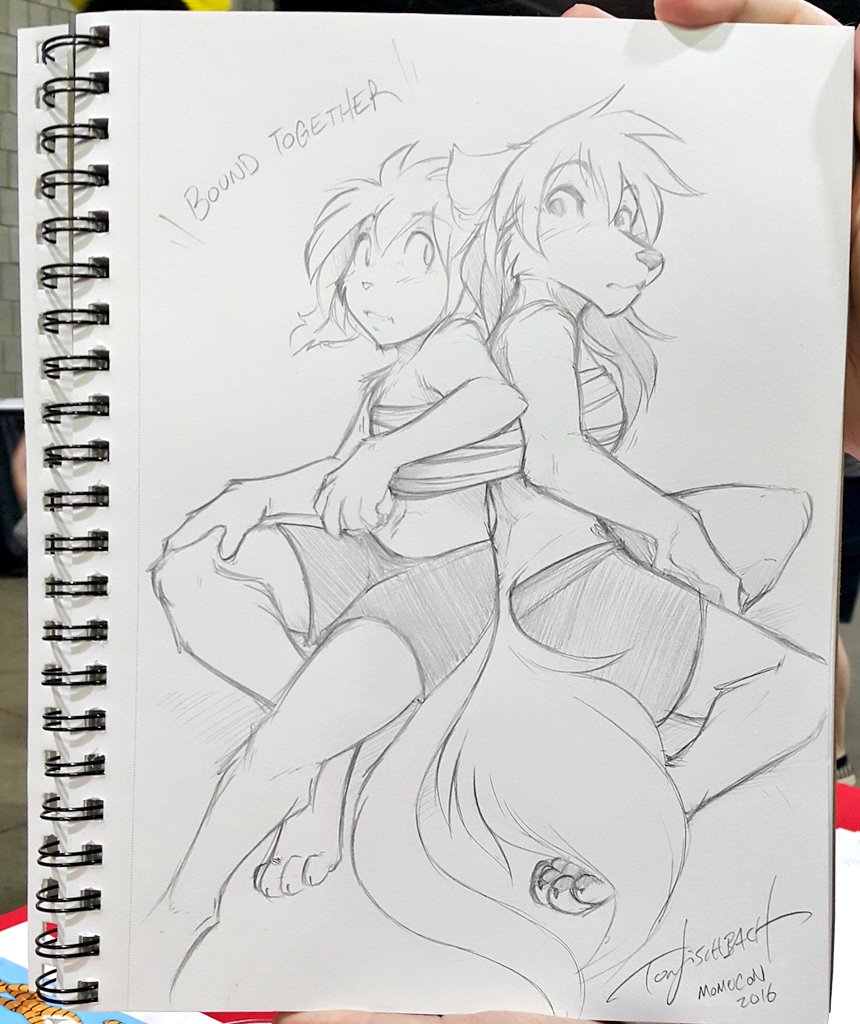 2016 anthro back_to_back basitin canine claws clothed clothing female frown fur hair keidran keith_keiser looking_back mammal midriff monochrome natani photo shorts sketch toe_claws tom_fischbach traditional_media_(artwork) twokinds webcomic
