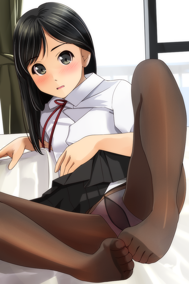 bangs black_hair black_legwear blush eyebrows_visible_through_hair eyes feet highres long_hair looking_at_viewer matsunaga_kouyou no_shoes open_mouth original pant panties panties_under_pantyhose pantyhose school_uniform shirt solo swept_bangs toes underwear white_shirt