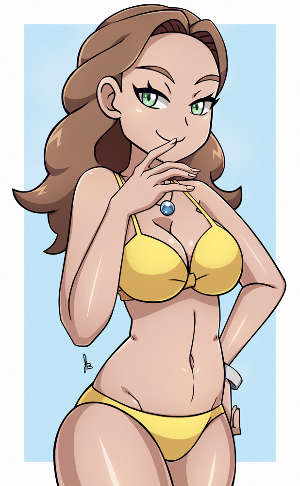 1girl bikini breasts brown_hair cleavage female green_eyes hand_on_hip jewelry large_breasts long_hair looking_at_viewer navel necklace npc_trainer pokemon pokemon_(game) pokemon_sm scott_bennett shiny shiny_skin simple_background smile solo swimmer_(pokemon) swimsuit tanned