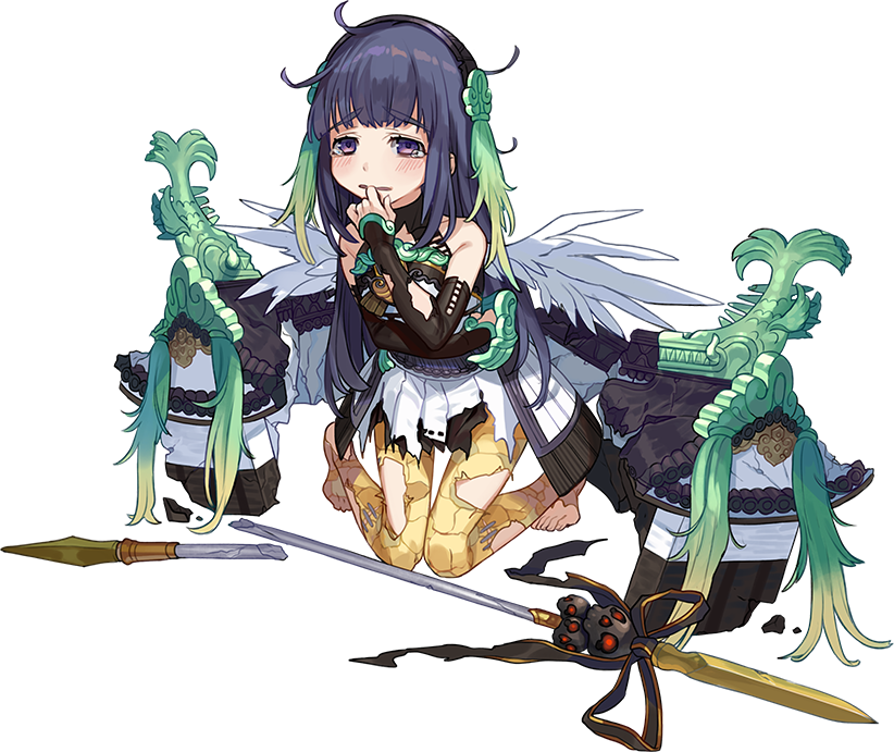 arm_warmers bangs black_hair blush finger_in_mouth full_body hairband holding holding_spear holding_weapon kneeling looking_at_viewer matsue_(oshiro_project) official_art oshiro_project oshiro_project_re polearm purple_eyes skirt smile solo spear tan_legwear torn_clothes transparent_background weapon white_skirt yuu_(higashi_no_penguin)