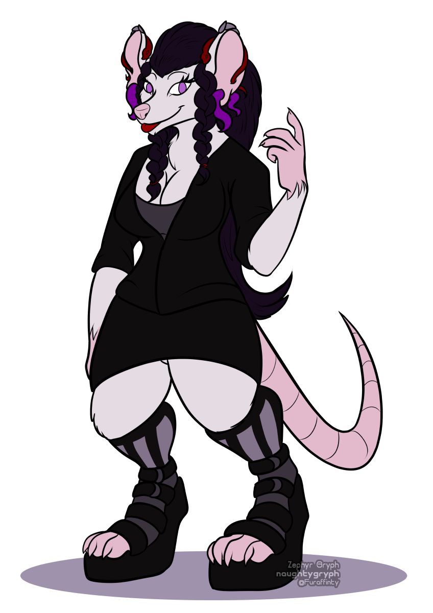 2017 anthro biped boots breasts claws clothed clothing digital_drawing_(artwork) digital_media_(artwork) digitigrade dress ear_piercing female footwear front_view fur gesturing goth hair hi_res invalid_tag legwear looking_at_viewer mammal nails naughtygryph part_of_comic piercing platform_boots rat rodent shoes simple_background smile solo standing toe_claws toes tongue tongue_out