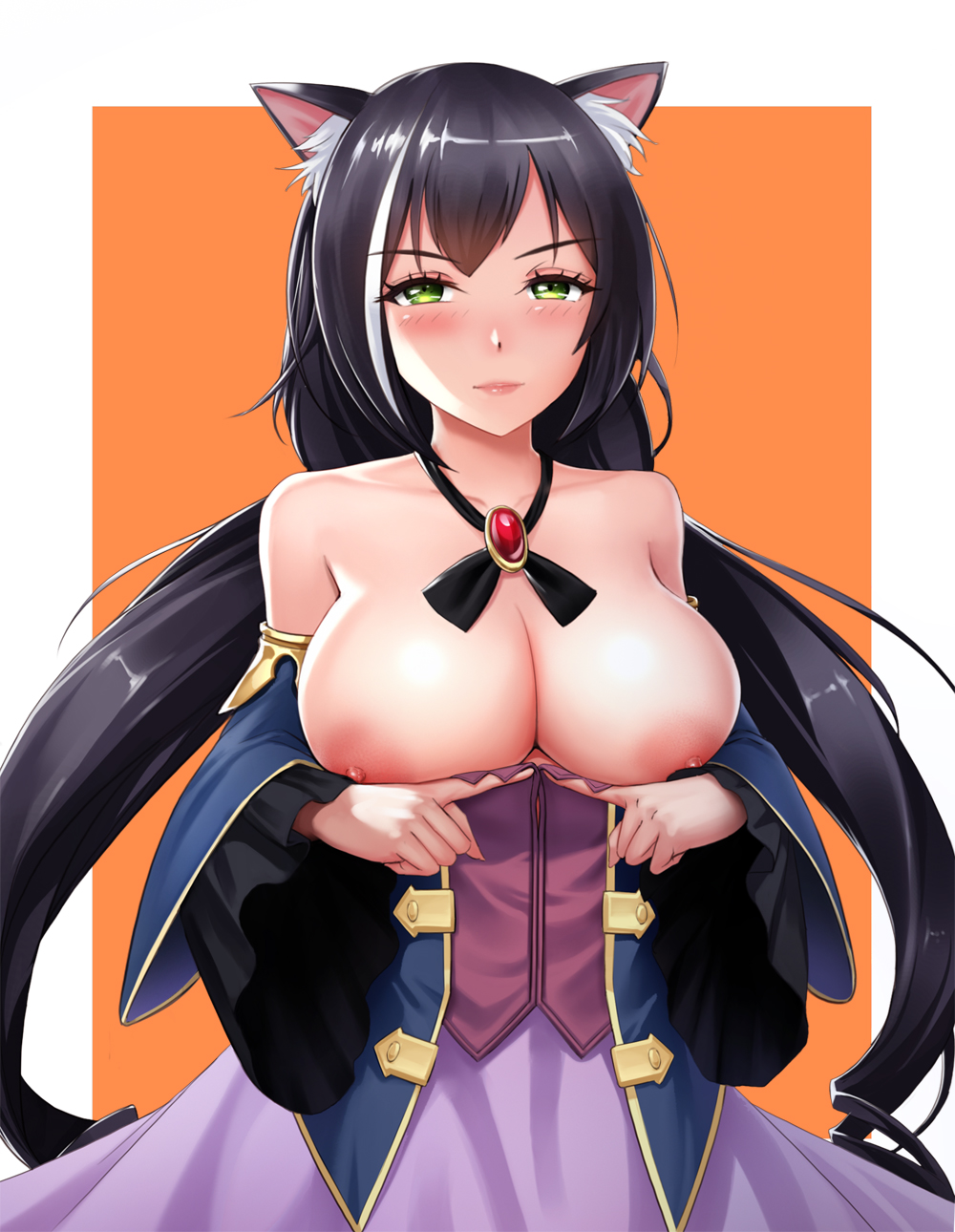 animal_ears areolae black_hair black_neckwear black_ribbon blush breasts breasts_outside brooch cat_ears cleavage closed_mouth collarbone corset frilled_sleeves frills gem highres jewelry kyaru_(princess_connect) large_areolae large_breasts lips long_hair long_sleeves looking_at_viewer low_twintails multicolored_hair neck_ribbon nipples obaoba_(monkeyix) off_shoulder open_clothes orange_background outside_border princess_connect! princess_connect!_re:dive purple_skirt ribbon simple_background skirt smile solo streaked_hair twintails upper_body very_long_hair white_background wide_sleeves