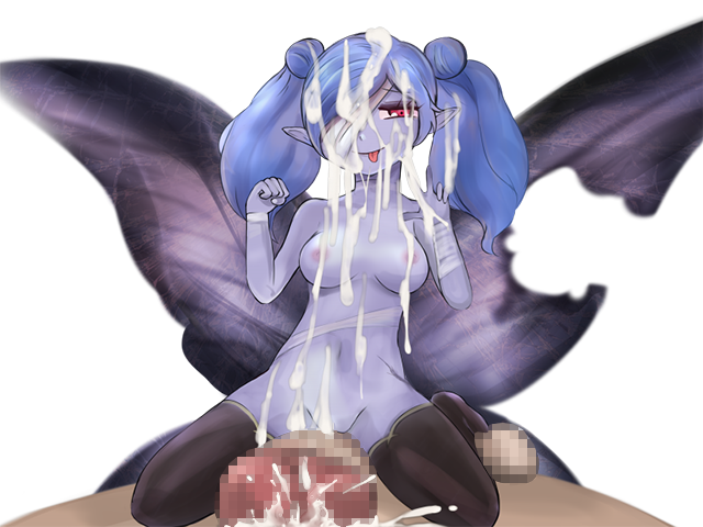 1boy 1girl bandage bandage_over_eye black_legwear blue_hair cum cum_on_body facial fairy koonago minigirl mon-musu_quest! navel nipples penis pointy_ears pov titania_(mon-musu_quest!) tongue tongue_out topless torn_wings twintails un_do undead wings
