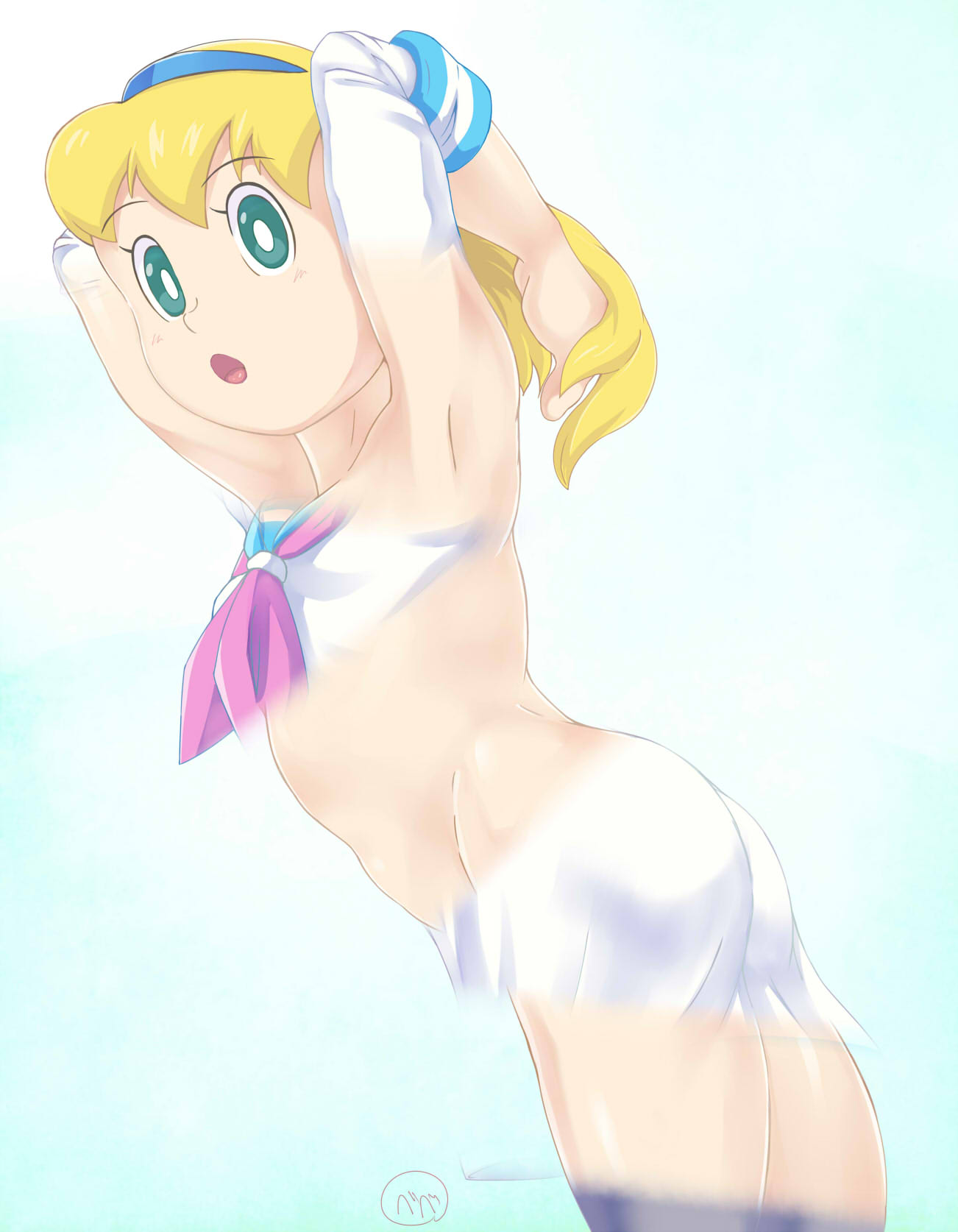 1girl blonde_hair doraemon doraemon_(character) looking_at_viewer looking_back sarah serra_(eiga_doraemon:_nobita_no_takarajima) solo takeru33