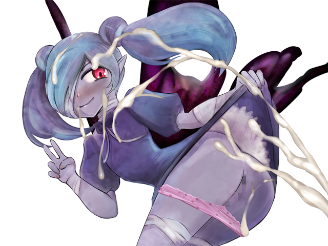 1girl ass bandage bandage_over_eye blue_hair censored cum cum_on_body fairy lifted_by_self mon-musu_quest! panties panties_off pantyshot pink_panties skirt_lift thighs titania_(mon-musu_quest!) twintails un_do undead wings