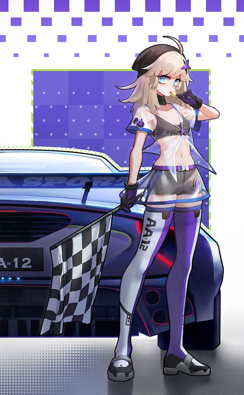 aa-12_(girls_frontline) adson-(biao_di) ahoge alternate_costume bags_under_eyes bangs blue_eyes boots breasts candy car checkered checkered_flag choker collarbone eyebrows_visible_through_hair flag food full_body girls_frontline gloves ground_vehicle hair_ornament hat highres holding holding_flag lollipop looking_at_viewer medium_breasts motor_vehicle navel race_queen see-through shorts sidelocks silver_hair skirt solo star star_hair_ornament thigh_boots thighhighs tongue