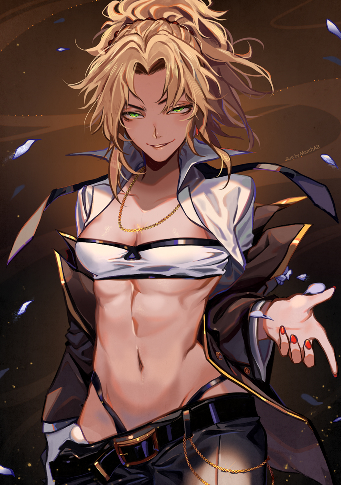 artist_name bandeau belt blonde_hair breasts chain commentary dark_background fate/grand_order fate_(series) gold_chain green_eyes hand_up jacket jewelry kubrick_stare long_sleeves looking_at_viewer loose_belt loose_pants marchab_66 medium_breasts mordred_(fate) mordred_(fate)_(all) nail_polish navel necklace open_clothes open_jacket ponytail red_nails sidelocks smile solo upper_body