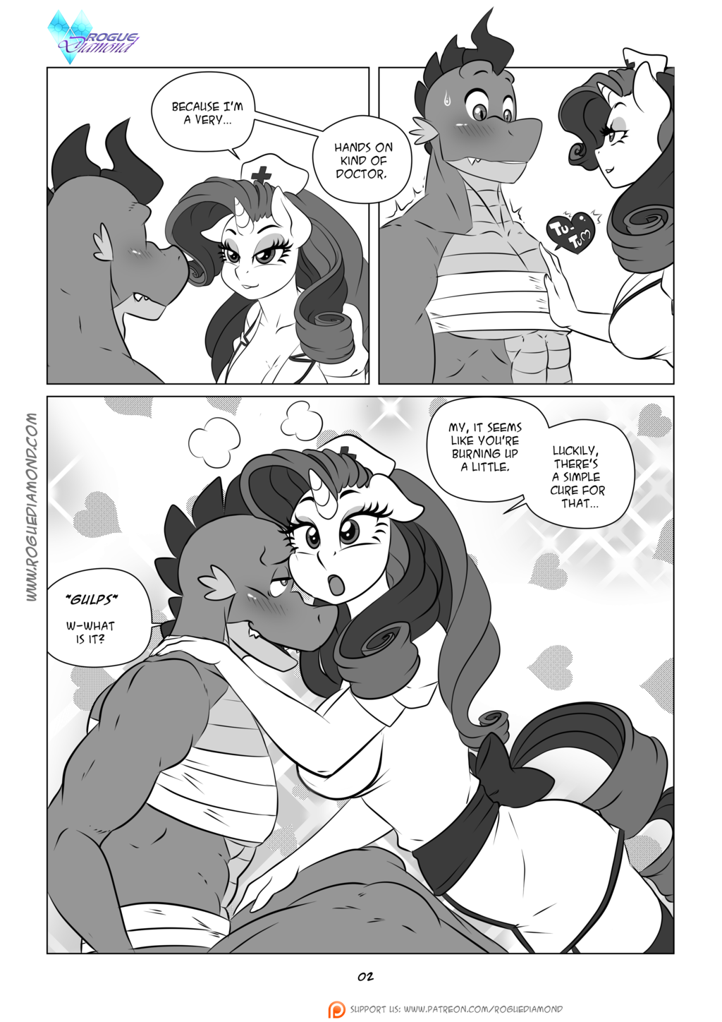 2017 anthro anthrofied bedroom_eyes blush breasts cleavage clothed clothing comic curly_hair dragon duo english_text equine eyeshadow female friendship_is_magic hair half-closed_eyes hand_on_chest hat horn makeup male mammal muscular muscular_male my_little_pony nurse nurse_hat nurse_uniform open_mouth pia-sama rarity_(mlp) seductive sharp_teeth side_boob slit_pupils spike_(mlp) sweat sweatdrop teeth text unicorn uniform