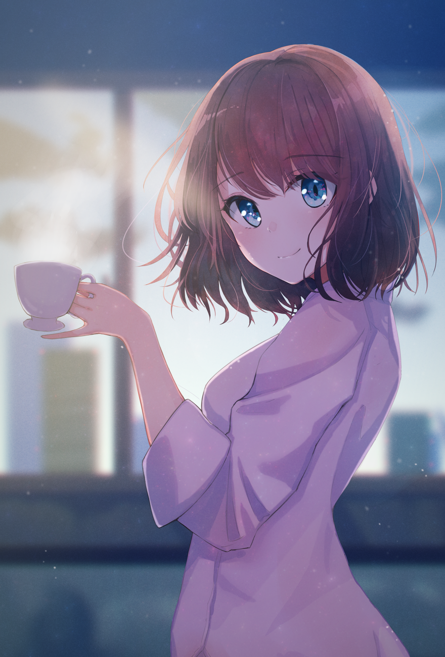 1girl bangs blue_eyes blurry blush breasts brown_hair commentary_request cup day depth_of_field eyebrows_visible_through_hair from_side hand_up highres holding holding_cup hyakunin_momoko indoors long_sleeves looking_at_viewer looking_to_the_side medium_breasts original shirt short_hair sleeves_folded_up solo tareme teacup upper_body white_shirt window