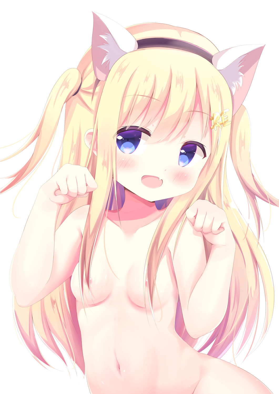 :d animal_ears areola_slip areolae bangs black_hairband blonde_hair blue_eyes blush breasts cat_ears cat_girl cat_tail collarbone eyebrows_visible_through_hair fake_animal_ears fang hair_between_eyes hair_censor hair_ornament hair_over_breasts hairband hairclip hands_up highres kittipat_jituatakul long_hair medium_breasts nude open_mouth original paw_pose simple_background smile solo tail two_side_up very_long_hair white_background