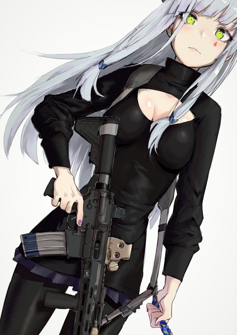 alma01 assault_rifle bangs black_legwear black_shirt black_skirt blunt_bangs breasts cleavage cleavage_cutout commentary_request eyebrows_visible_through_hair facial_mark girls_frontline green_eyes gun hair_ornament heckler_&amp;_koch hk416 hk416_(girls_frontline) holding holding_gun holding_weapon long_sleeves looking_at_viewer rifle scar scar_across_eye shirt silver_hair skirt sling small_breasts teardrop weapon