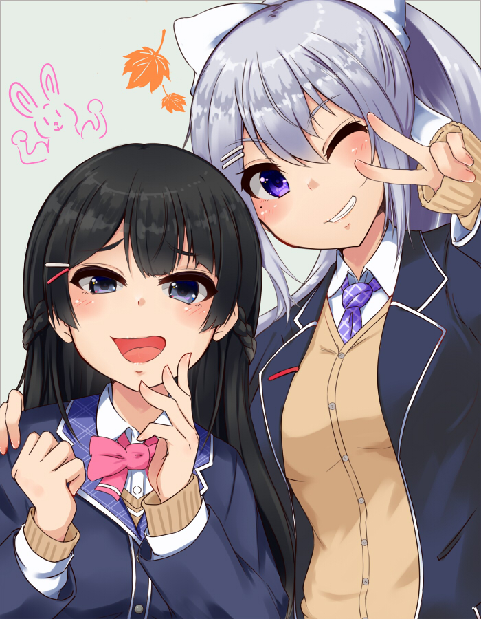 2girls arm_up arms_up autumn_leaves banana_(hirane1988) bangs black_hair blazer blue_background blue_eyes blue_jacket blue_neckwear blush bow bowtie braid checkered checkered_neckwear clenched_hand commentary_request fingers_to_chin french_braid grin hair_bow hand_on_another's_shoulder hand_on_another's_shoulder head_tilt higuchi_kaede jacket light_blue_hair long_hair long_sleeves looking_at_viewer multiple_girls necktie nijisanji one_eye_closed open_blazer open_clothes open_jacket pink_neckwear ponytail school_uniform shirt side-by-side simple_background smile sweater_vest tsukino_mito upper_teeth v_over_eye very_long_hair white_shirt wing_collar