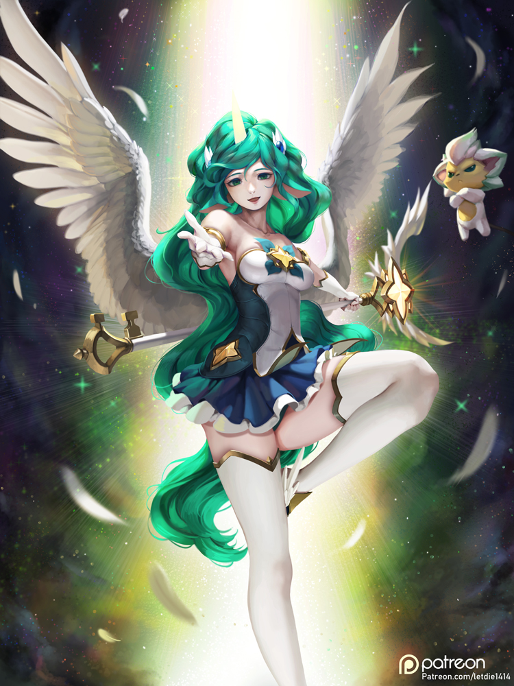 alternate_costume alternate_skin_color animal_ears armlet bare_shoulders blue_skirt breasts collarbone commentary_request feathers gloves gold_trim green_eyes green_hair holding holding_staff horn league_of_legends leg_up letdie1414 long_hair looking_at_viewer magical_girl medium_breasts miniskirt open_mouth outstretched_arms patreon_logo patreon_username pleated_skirt skirt soraka staff star_guardian_soraka very_long_hair watermark web_address white_gloves white_legwear wings