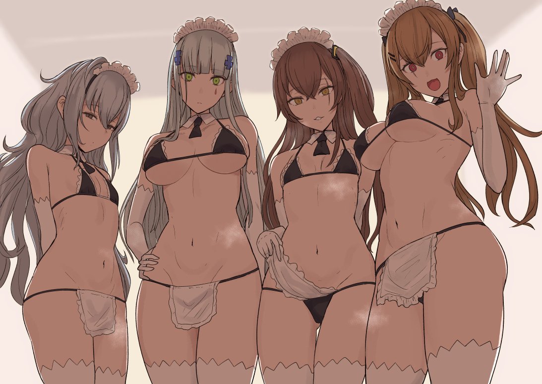 404_(girls_frontline) 4girls apron apron_lift arms_behind_back bangs blunt_bangs blush breasts brown_eyes brown_hair closed_mouth collarbone detached_collar elbow_gloves eyebrows_visible_through_hair facial_mark g11_(girls_frontline) girls_frontline gloves green_eyes groin hair_between_eyes hair_ornament hairclip hand_on_hip head_tilt hk416_(girls_frontline) large_breasts long_hair looking_at_viewer maid_bikini maid_headdress medium_breasts miyamoto_issa multiple_girls navel one_side_up open_mouth red_eyes ribbon ribs scar scar_across_eye silver_hair small_breasts smile stomach teardrop thighhighs twintails ump45_(girls_frontline) ump9_(girls_frontline) very_long_hair white_gloves white_legwear yellow_eyes