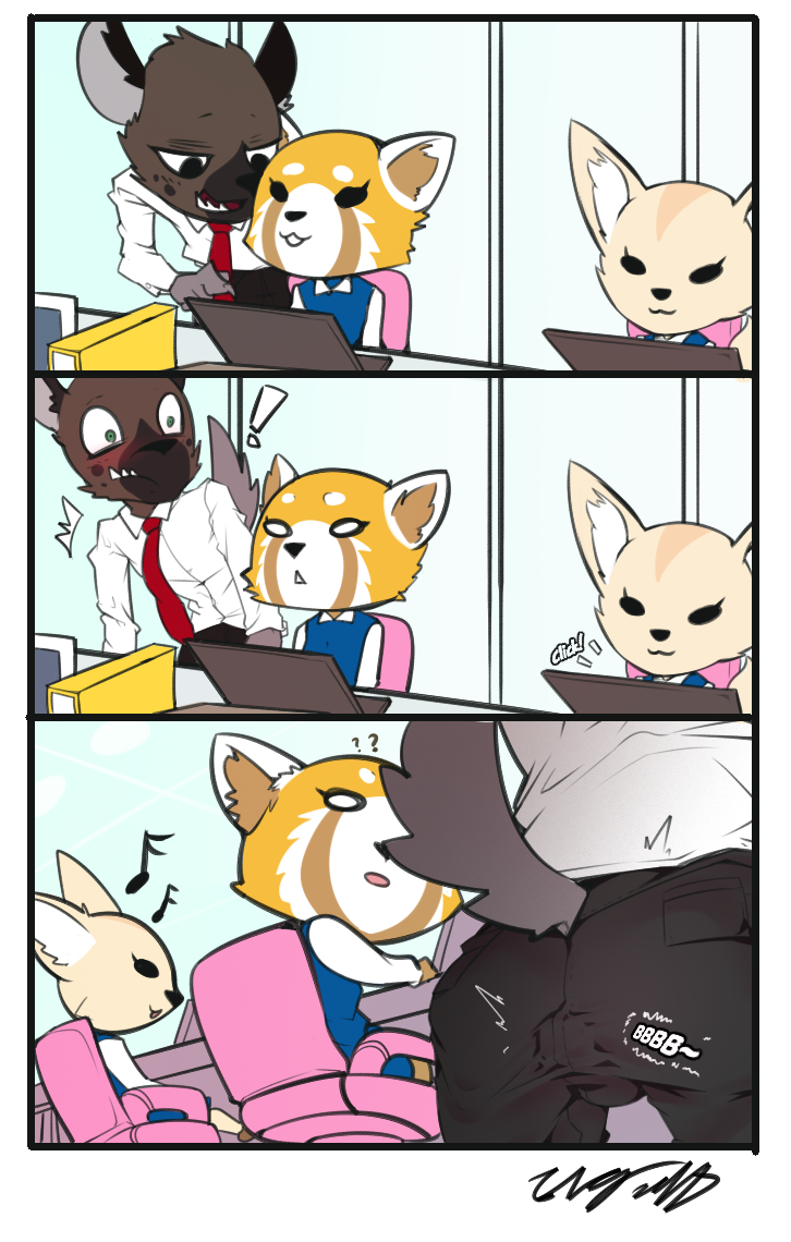 ! aggressive_retsuko bulge canine clothed clothing comic electrixocket female fennec fenneko fox group haida hyena male mammal no_pupils red_panda retsuko sex sex_toy sitting smile standing stealth_sex surprise vibrator