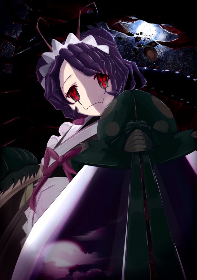 1girl antenna blade entoma_vasilissa_zeta insect insect_girl japanese_clothes kimono looking_at_viewer maid monster_girl overlord_(maruyama) purple_hair red_eyes sword tagme weapon