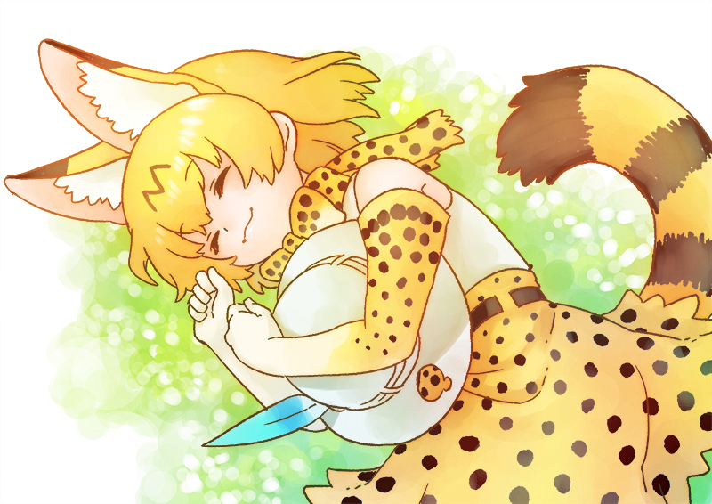 1girl :3 animal_ears blonde_hair elbow_gloves eyes_closed gloves hat inukoro_(spa) kemono_friends lying neck_ribbon ribbon serval_(kemono_friends) serval_ears serval_print serval_tail short_hair skirt sleeping smile solo tail