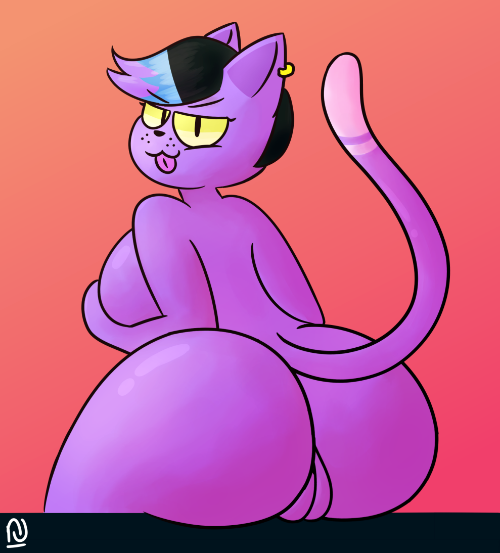 2018 anthro big_breasts big_butt breasts butt cat catty_(undertale) digital_media_(artwork) feline female hair holding_breast looking_at_viewer looking_back mammal naughty_face notjoe nude presenting presenting_hindquarters pussy raised_tail simple_background sitting solo tongue tongue_out undertale video_games