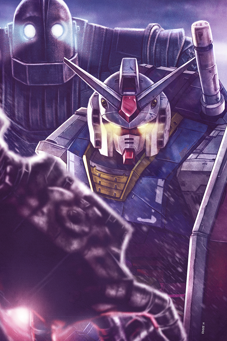 blurry_foreground claws commentary crossover damaged dirty duel eddie_holly epic friends glowing glowing_eyes godzilla_(series) gundam hands hilt iron_giant_(mecha) mecha mechagodzilla mobile_suit_gundam ready_player_one realistic robot rx-78-2 science_fiction signature spoilers the_iron_giant