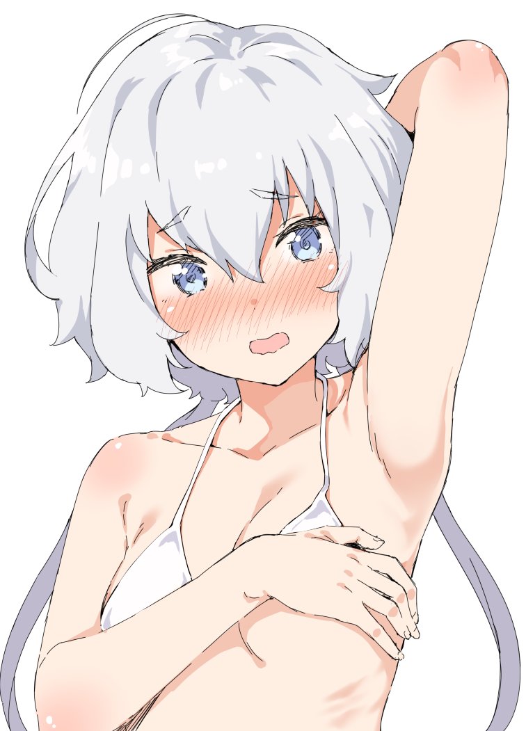 1girl ahoge arm_behind_head armpits bikini blue_eyes blush collarbone covering covering_breasts konno_junko long_hair looking_at_viewer low_twintails mamedenkyuu_(berun) open_mouth parted_lips silver_hair solo swimsuit twintails white_background white_swimsuit zombie_land_saga