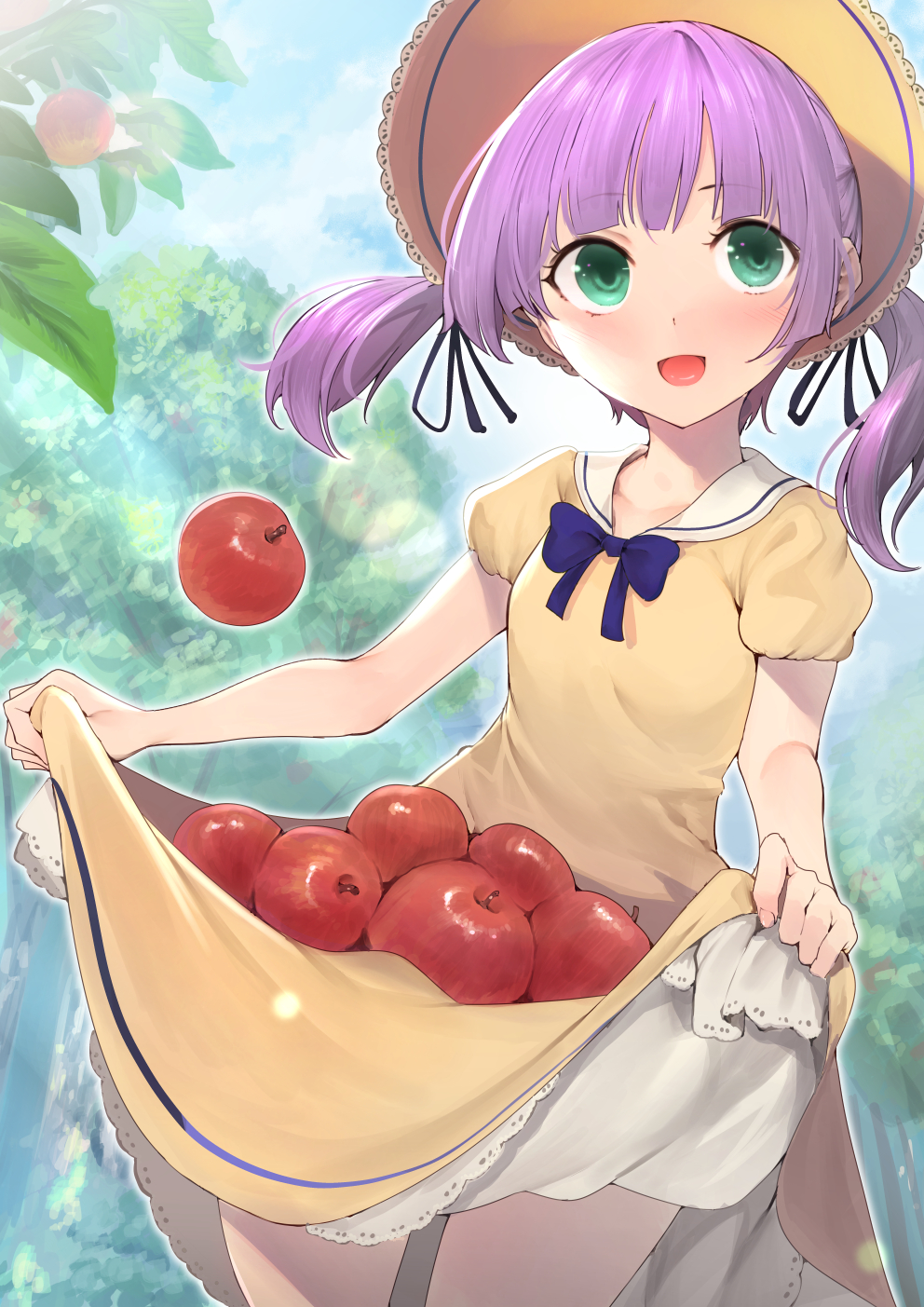 :d apple bangs black_ribbon blue_neckwear blue_sky blush bow bowtie cloud cloudy_sky commentary_request cowboy_shot day dress dutch_angle eyebrows_visible_through_hair fingernails food fruit furukawa_itsuse green_eyes hair_ribbon hat highres holding long_hair looking_at_viewer mochi_hiyoko mochi_hiyoko_(character) open_mouth outdoors puffy_short_sleeves puffy_sleeves purple_hair red_apple ribbon sailor_collar short_sleeves skirt_basket sky smile solo tree twintails virtual_youtuber white_sailor_collar yellow_dress yellow_hat