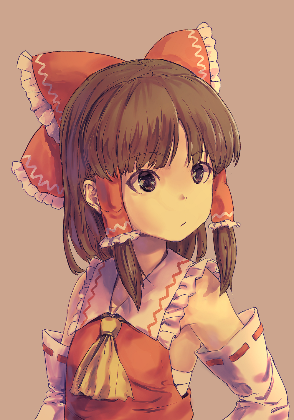 bangs bionekojita bow brown_background brown_eyes brown_hair commentary_request detached_sleeves dress eyebrows_visible_through_hair frilled_bow frills hair_bow hair_tubes hakurei_reimu highres neckerchief red_bow red_dress red_ribbon ribbon ribbon-trimmed_sleeves ribbon_trim short_hair sidelocks simple_background sketch_eyebrows sleeveless sleeveless_dress solo touhou white_collar yellow_neckwear