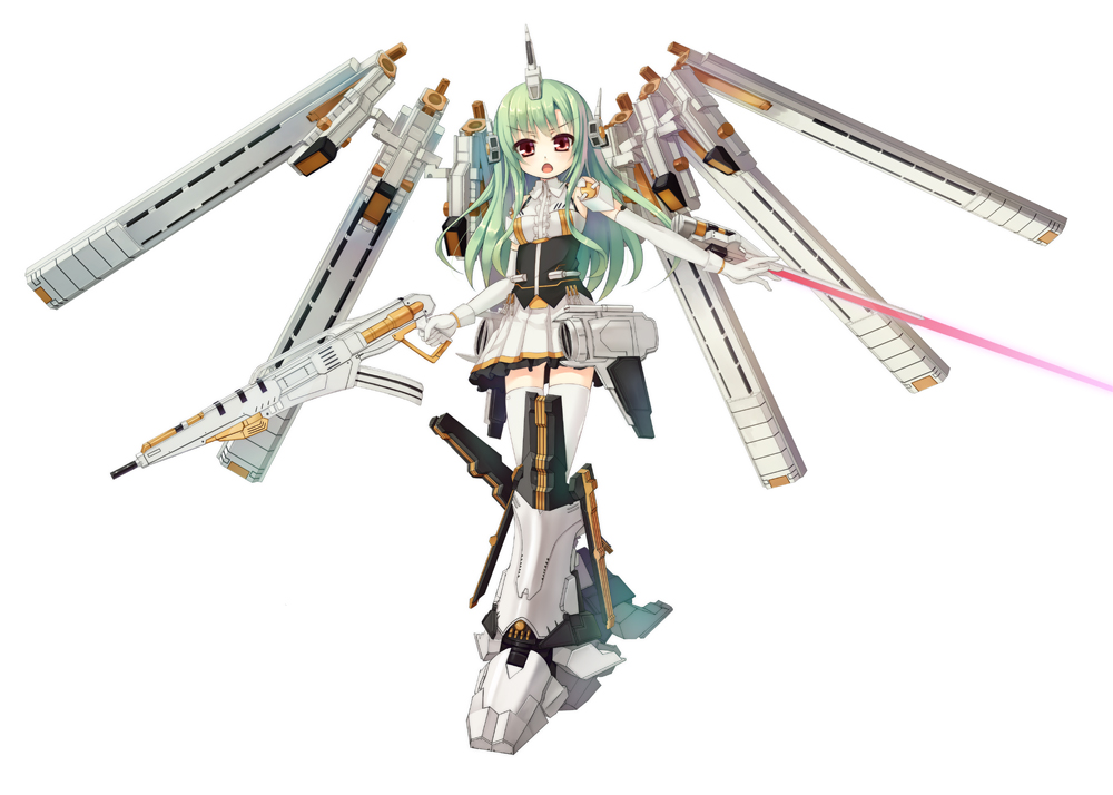 armored_core armored_core:_for_answer asa_(swallowtail) bangs blush breasts detached_sleeves eyebrows_visible_through_hair gloves green_hair gun holding holding_gun holding_weapon long_hair long_sleeves looking_at_viewer mechanical_boots medium_breasts noblesse_oblige_(armored_core) open_mouth original personification pleated_skirt red_eyes shirt simple_background skirt sleeveless sleeveless_shirt solo standing thighhighs v-shaped_eyebrows very_long_hair weapon white_background white_gloves white_legwear white_shirt white_skirt