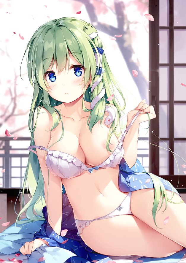 1girl areolae arm_support bangs bare_arms bare_legs bare_shoulders blue_bow blue_eyes blue_kimono blurry blurry_background blush bow bow_bra bow_panties bra breasts cherry_blossoms cleavage collarbone commentary_request day eyebrows_visible_through_hair frilled_bra frilled_panties frills frog_hair_ornament green_hair hair_between_eyes hair_censor hair_ornament hair_tubes hand_up indoors japanese_clothes kimono kochiya_sanae large_breasts long_hair looking_at_viewer miyase_mahiro navel panties parted_lips petals sitting sliding_doors snake_hair_ornament solo spring_(season) stomach strap_gap strap_slip touhou tree underwear very_long_hair white_bra white_panties