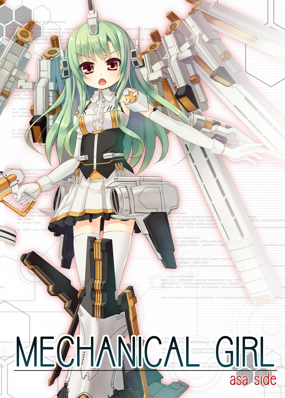armored_core armored_core:_for_answer asa_(swallowtail) bangs blush breasts commentary_request detached_sleeves eyebrows_visible_through_hair gloves green_hair gun hexagon highres holding holding_gun holding_weapon long_hair long_sleeves looking_at_viewer mechanical_boots medium_breasts noblesse_oblige_(armored_core) open_mouth original personification pleated_skirt red_eyes shirt skirt sleeveless sleeveless_shirt solo standing thighhighs v-shaped_eyebrows very_long_hair weapon white_gloves white_legwear white_shirt white_skirt