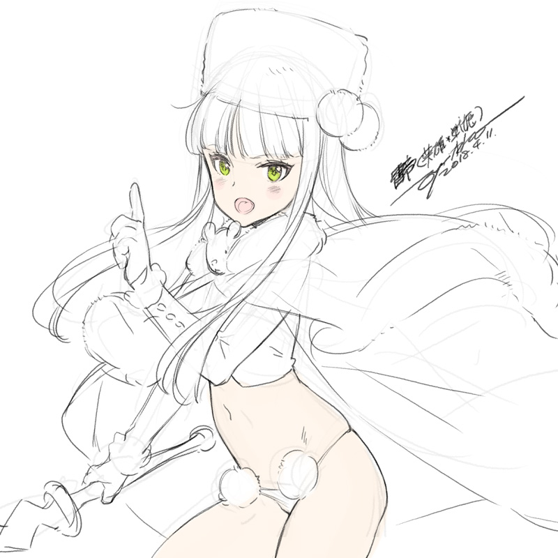 :d bangs blunt_bangs cape cowboy_shot eiyuu_senki eyebrows_visible_through_hair fur_hat gloves green_eyes hand_up hat index_finger_raised ivan_(eiyuu_senki) long_hair navel ooyari_ashito open_mouth pom_pom_(clothes) simple_background sketch smile solo string_panties sword tsurime weapon white_background