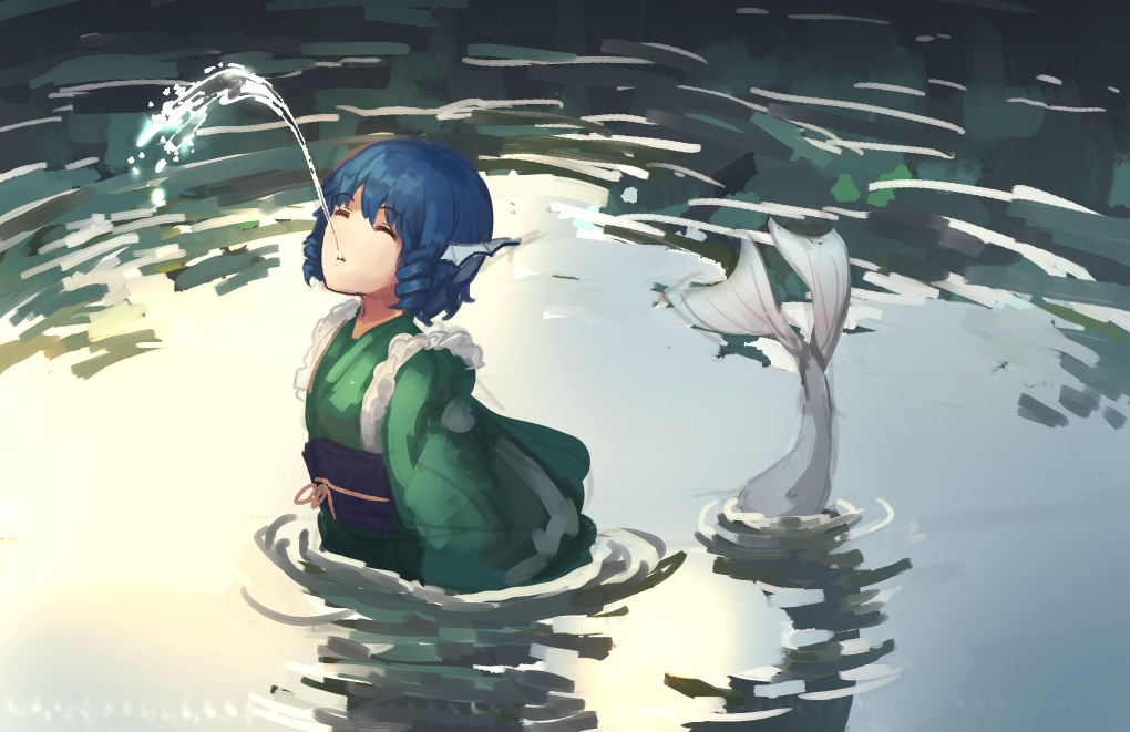 bionekojita blue_hair closed_eyes commentary_request drill_hair evening eyebrows_visible_through_hair frilled_kimono frills green_kimono head_fins japanese_clothes kimono lake long_sleeves mermaid monster_girl outdoors partially_submerged purple_sash sash short_hair solo spitting torn_clothes touhou twin_drills wakasagihime water wide_sleeves