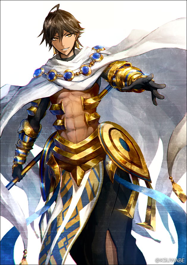 abs ahoge black_border black_pants border brown_hair cape commentary_request dutch_angle fate/grand_order fate/prototype fate/prototype:_fragments_of_blue_and_silver fate_(series) grin holding holding_weapon jewelry kei-suwabe looking_at_viewer male_focus navel ozymandias_(fate) pants pelvic_curtain shirtless simple_background smile solo standing twitter_username weapon white_background white_cape yellow_eyes