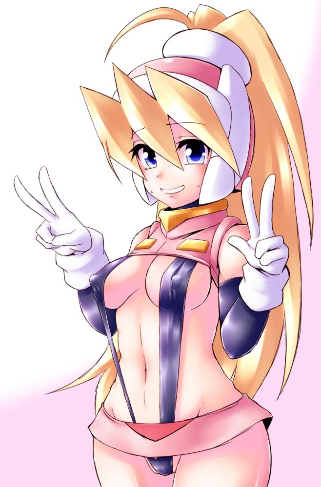 bangs bare_shoulders bikini black_bikini blonde_hair blue_eyes blush breasts capcom ciel_(rockman) commentary_request covered_nipples crop_top double_v eyebrows_visible_through_hair gloves hair_between_eyes hand_gesture headgear high_ponytail long_hair microskirt midriff navel ponytail rockman rockman_zero semikichi simple_background skirt slingshot_swimsuit smile solo swimsuit swimsuit_under_clothes v white_gloves