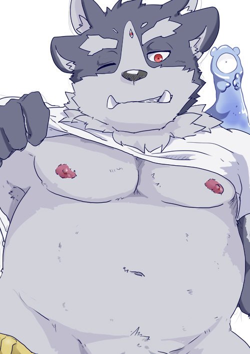 anthro belly bottomless clothed clothing clothing_lift eyebrows fupa ilan1985 male multi_ear navel nipples one_eye_closed overweight shirt shirt_lift thick_eyebrows third_eye tokyo_afterschool_summoners tsathoggua tusks