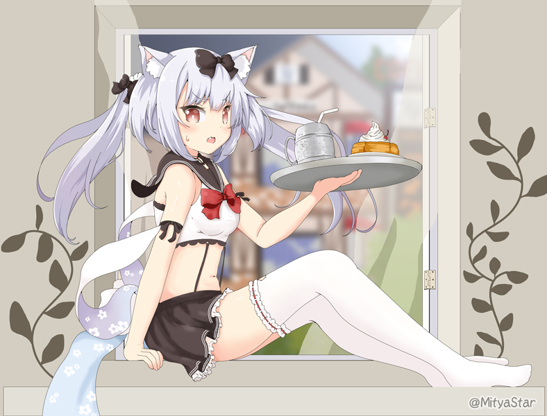 animal_ears azur_lane bare_shoulders black_bow black_skirt bow bowtie breasts brown_eyes cat_ears cup drinking_straw eyebrows_visible_through_hair fang from_side hair_bow holding holding_tray long_hair looking_at_viewer midriff miicha mug navel no_shoes open_mouth pleated_skirt red_bow sailor_collar sitting skirt small_breasts solo sweatdrop thighhighs tray twintails twitter_username white_legwear windowsill yukikaze_(azur_lane)