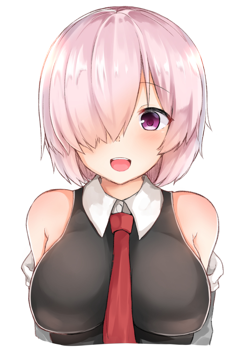 :d bangs bare_shoulders blush breasts collared_dress dress eyebrows_visible_through_hair fate/grand_order fate_(series) hair_over_one_eye large_breasts long_hair looking_at_viewer mash_kyrielight necktie noa_(letizia) off_shoulder open_mouth pink_hair purple_eyes red_neckwear simple_background sleeveless sleeveless_dress smile solo upper_teeth white_background