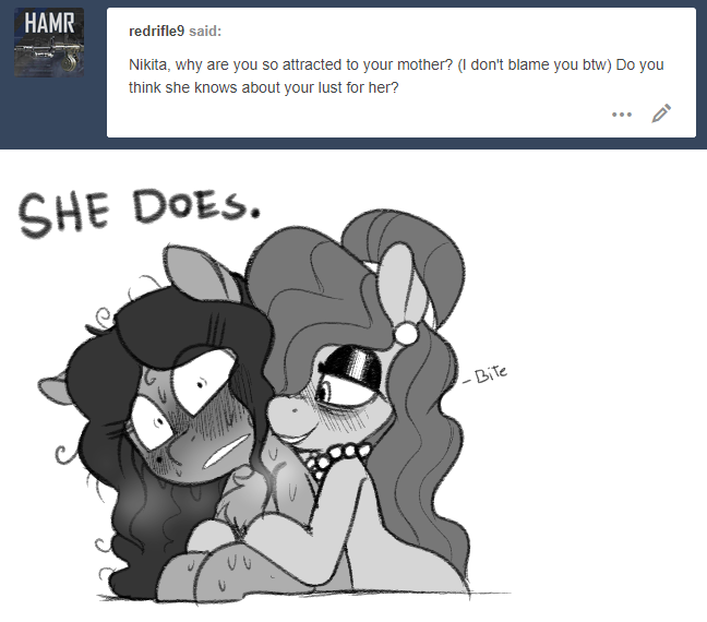 beauty_mark_(oc) bite blush daughter dialogue english_text equine fan_character female feral horse jewelry mammal mcsweezy monochrome mother mother_and_daughter my_little_pony necklace nikita nikita_(oc) parent pony sweat text tumblr