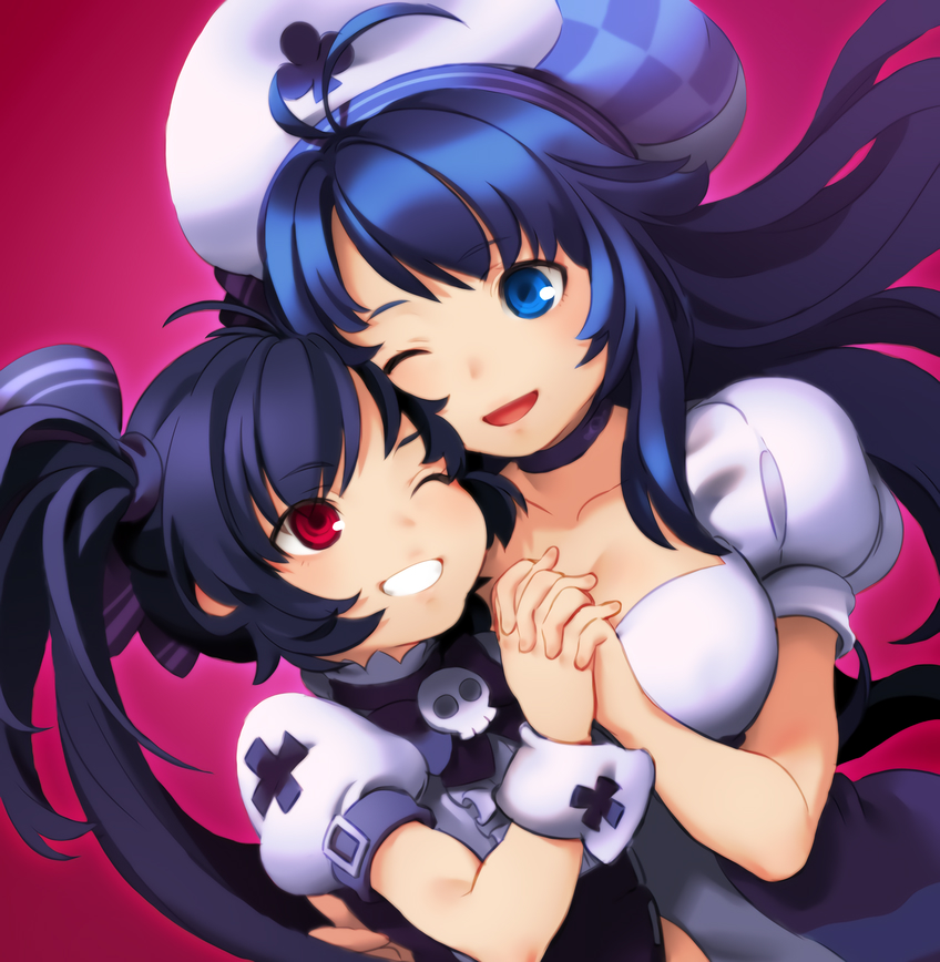 arin beret black_hair blue_eyes blue_hair breasts commentary_request hat kooh large_breasts long_hair multiple_girls nameganai one_eye_closed pangya red_eyes ribbon short_sleeves twintails