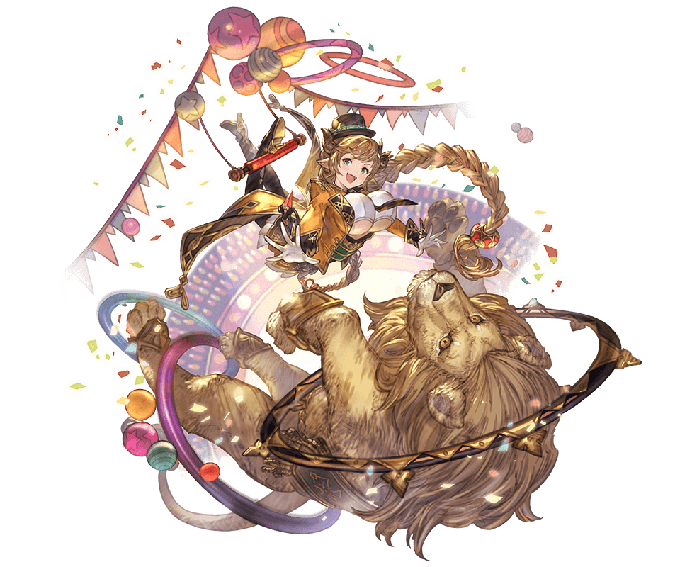 animal ball bangs blonde_hair boots braid breasts carmelina_(granblue_fantasy) confetti detached_sleeves draph epaulettes full_body gloves granblue_fantasy green_eyes hair_ornament hat high_heel_boots high_heels horns jacket large_breasts lion long_hair long_sleeves looking_at_viewer minaba_hideo open_clothes open_jacket open_mouth pointy_ears sidelocks smile tail transparent_background trapeze underboob very_long_hair