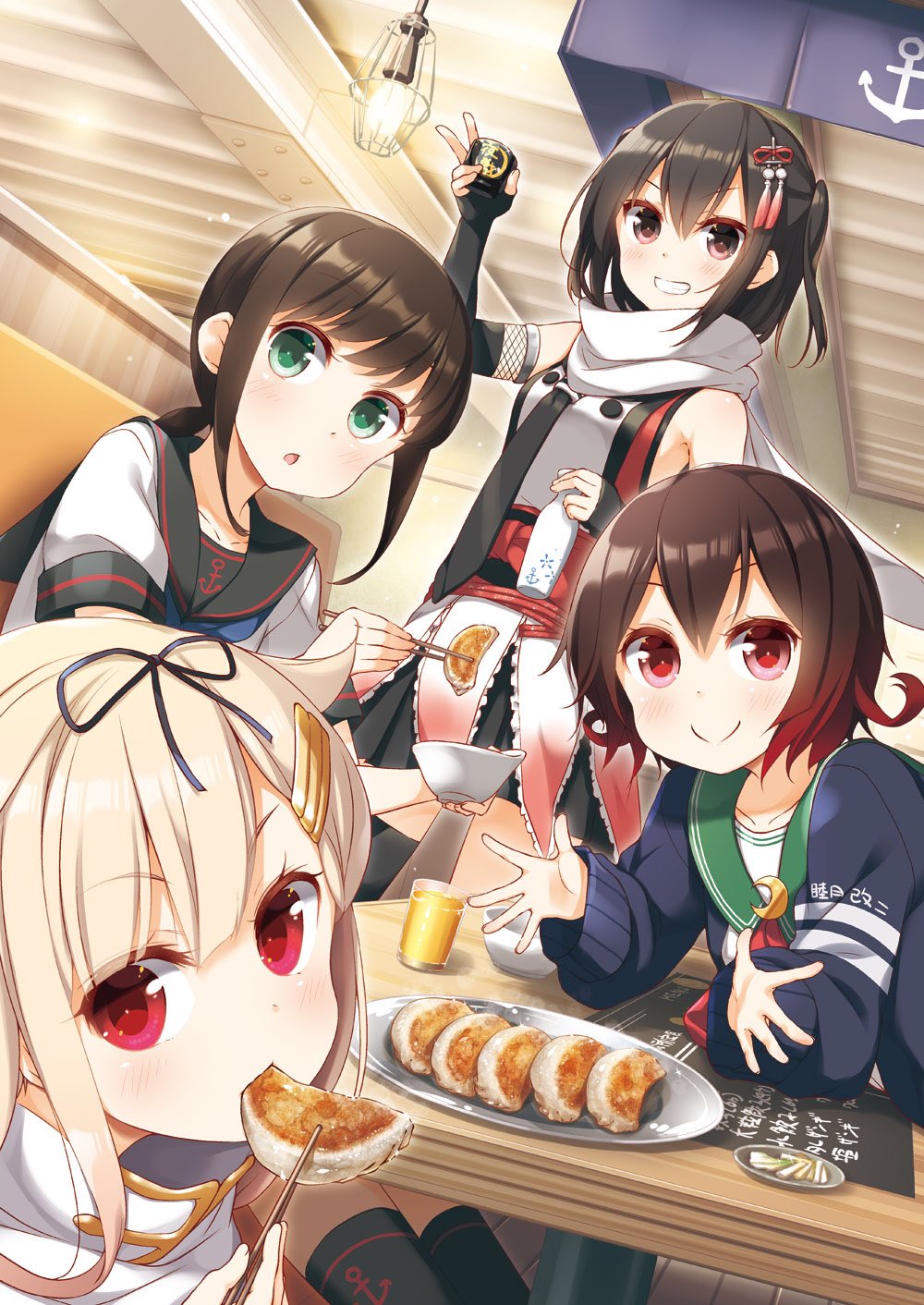 4girls black_gloves black_hair black_neckwear black_ribbon black_serafuku black_skirt blonde_hair brown_eyes brown_hair crescent crescent_hair_ornament cup double-breasted dumpling eating elbow_gloves fingerless_gloves food fubuki_(kantai_collection) gloves gradient_hair green_eyes hair_flaps hair_ornament hair_ribbon hairclip highres juice kantai_collection long_hair long_sleeves looking_at_viewer low_ponytail multicolored_hair multiple_girls mutsuki_(kantai_collection) neckerchief open_mouth pantyhose pleated_skirt ponytail purple_eyes red_eyes red_hair remodel_(kantai_collection) ribbon scarf school_uniform sendai_(kantai_collection) serafuku short_hair short_ponytail sidelocks single_thighhigh skirt smile straight_hair thighhighs twintails two_side_up white_scarf yume_no_owari yuudachi_(kantai_collection)