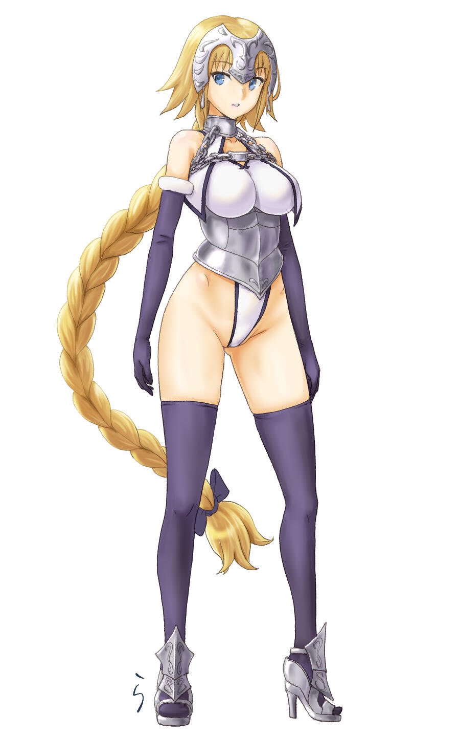 armor bare_shoulders blonde_hair blue_eyes braid breasts chain closed_eyes fate/apocrypha fate/grand_order fate_(series) full_body gloves groin helmet high_heels highres jeanne_d'arc_(fate) jeanne_d'arc_(fate)_(all) large_breasts long_hair purple_gloves purple_legwear rasukaru simple_background solo thighhighs very_long_hair white_background