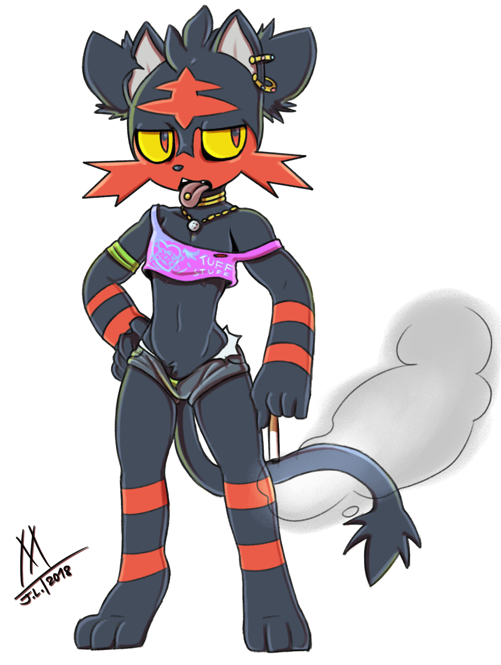 armband choker clothed clothing ear_piercing forever_stone jewelry litten meatboom necklace nintendo nipple_slip piercing pigtails pok&eacute;mon pok&eacute;mon_(species) punk ragged_clothes skimpy smoking video_games young