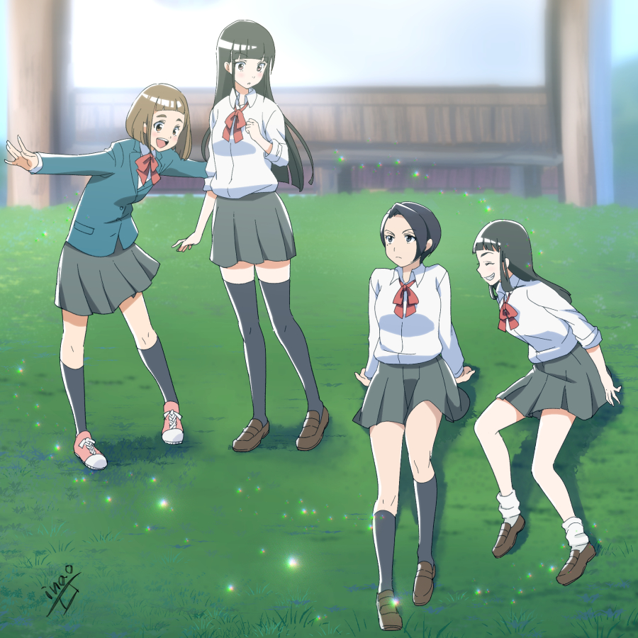:d ^_^ bangs bench black_hair black_legwear blunt_bangs bow bowtie brown_eyes brown_hair closed_eyes commentary_request fundoshi_inao grass grin kneehighs kobuchizawa_shirase kobuchizawa_takako loafers long_hair looking_at_another loose_socks mother_and_daughter multiple_girls open_mouth outdoors outstretched_arms pleated_skirt school_uniform shirt shoes short_hair signature skirt smile sora_yori_mo_tooi_basho sparkle spoilers spread_arms tamaki_mari thighhighs time_paradox toudou_gin white_shirt younger zettai_ryouiki