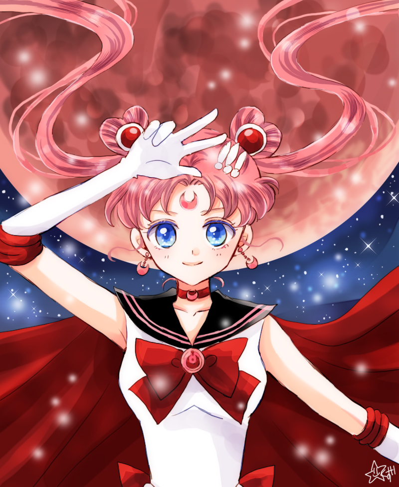 back_bow bishoujo_senshi_sailor_moon black_sailor_collar blue_eyes bow brooch cape chibi_chibi choker closed_mouth colored_eyelashes cosplay crescent crescent_earrings double_bun earrings facial_mark forehead_mark full_moon hair_ornament hairpin hoshikuzu_(milkyway792) jewelry long_hair looking_at_viewer moon older red_bow red_cape red_hair red_moon red_neckwear sailor_collar sailor_moon sailor_moon_(cosplay) sailor_senshi_uniform signature smile solo twintails upper_body