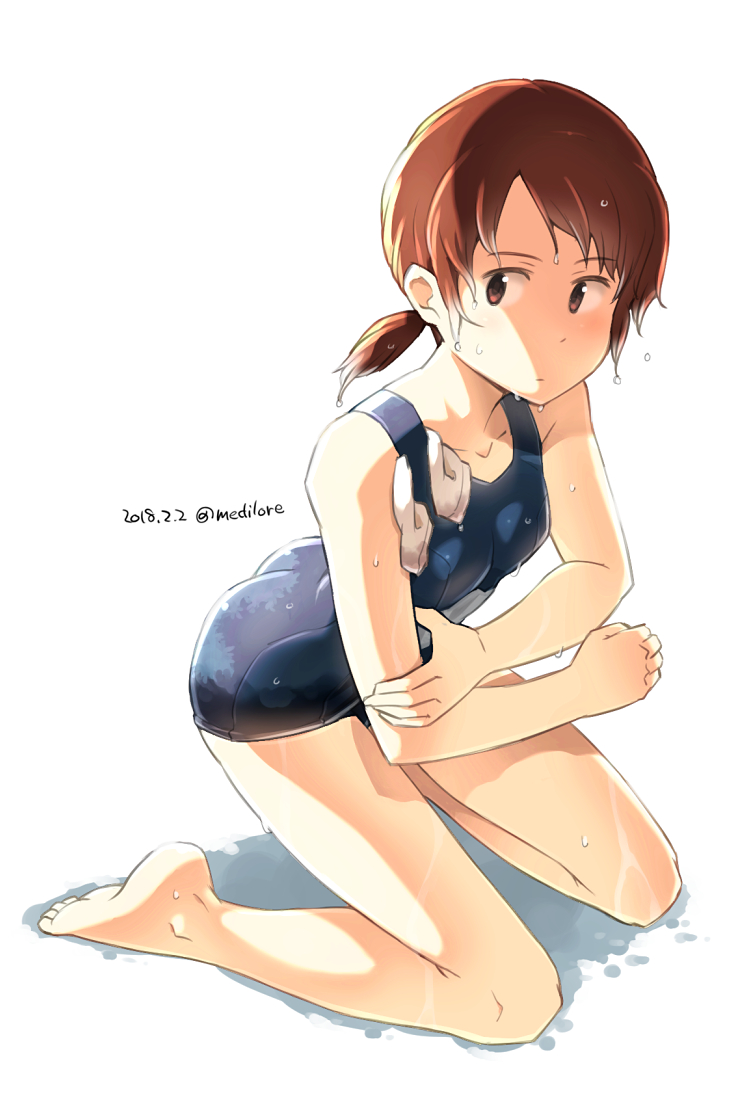 ass breasts brown_eyes brown_hair dated in_swimsuit kantai_collection kneeling low_twintails one-piece_swimsuit sakura_(medilore) school_swimsuit shirayuki_(kantai_collection) short_twintails small_breasts solo swim_cap swim_cap_removed swimsuit twintails twitter_username wet wet_clothes wet_hair wet_swimsuit