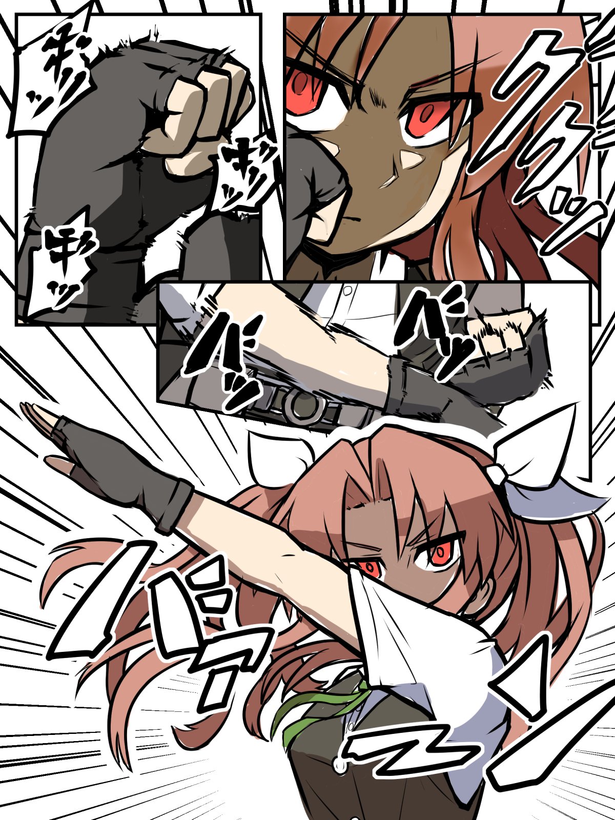 arm_up belt black_gloves black_vest breasts brown_hair collared_shirt commentary_request fingerless_gloves futomashio gloves green_ribbon hair_ribbon highres kagerou_(kantai_collection) kamen_rider kamen_rider_black_(series) kantai_collection long_hair neck_ribbon pose remodel_(kantai_collection) ribbon shaded_face shirt short_sleeves twintails upper_body v-shaped_eyebrows vest white_ribbon white_shirt