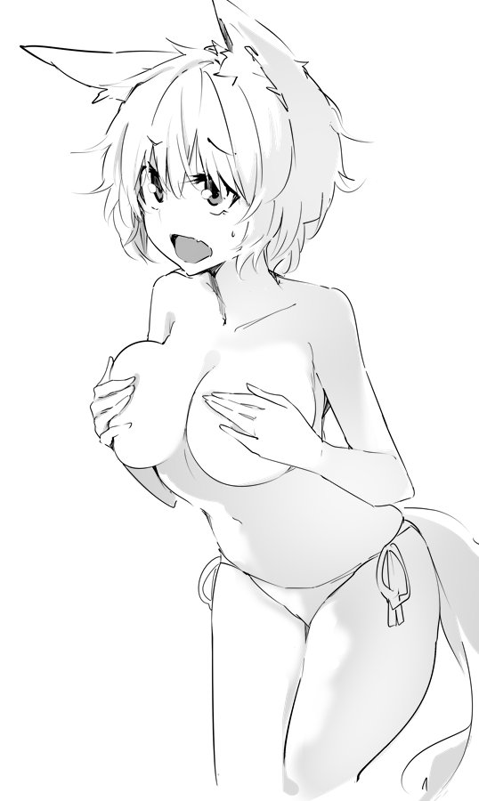 animal_ears bangs bikini_bottom breasts covering covering_breasts cowboy_shot eyebrows_visible_through_hair fang greyscale inubashiri_momiji kamukamu_(ars) large_breasts leaning_forward messy_hair monochrome navel open_mouth short_hair side-tie_bottom simple_background skindentation solo standing sweatdrop tail topless touhou white_background wolf_ears wolf_girl wolf_tail