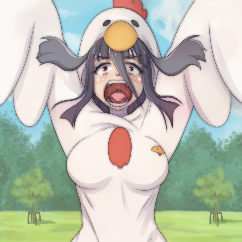 animal_suit arms_up bandage black_hair blush breasts cloud eyebrows_visible_through_hair large_breasts long_hair looking_at_viewer open_mouth outdoors plant red_eyes sky solo standing t_jiroo_(ringofriend) teeth tongue tongue_out tree uvula yamada_tae zombie zombie_land_saga