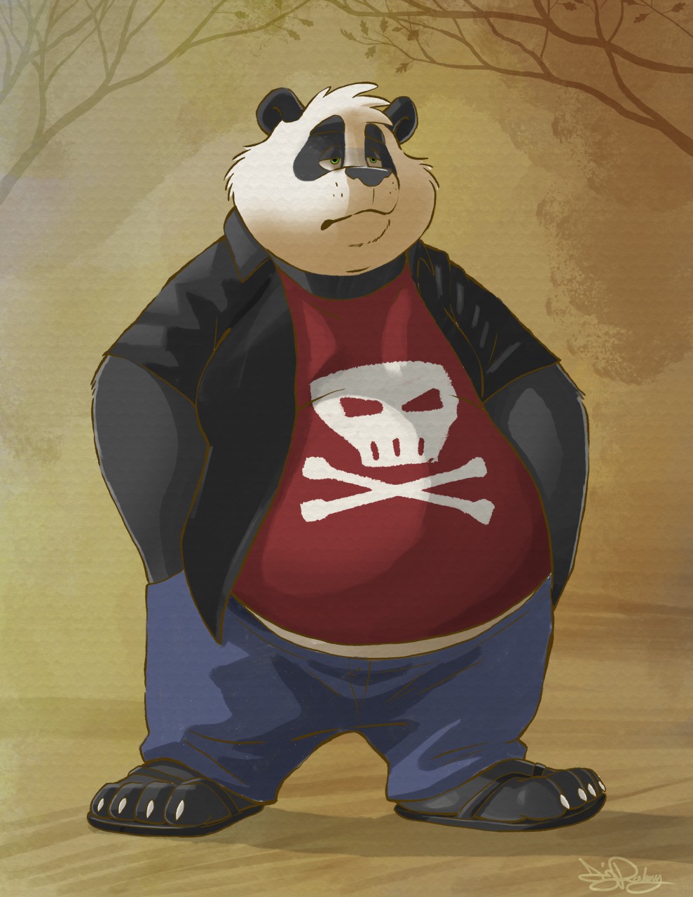anthro belly big_belly black_fur claws clothed clothing dj-rodney footwear fur green_eyes half-closed_eyes hands_in_pockets male mammal moobs outside overweight overweight_male panda sandals skull_and_crossbones solo standing toe_claws tree ursine white_fur