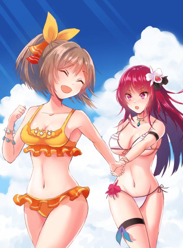:d :o bad_arm bikini blue_sky bow breasts brown_hair cattleya_(flower_knight_girl) cleavage closed_eyes cloud day facing_viewer flower flower_bracelet flower_knight_girl frilled_bikini frills hair_between_eyes hair_bow hair_flower hair_ornament hibiscus holding_hands jewelry kusumoto_miya large_breasts long_hair looking_at_another medium_breasts multiple_girls navel necklace oncidium_(flower_knight_girl) open_mouth orange_bikini orange_bow outdoors ponytail purple_eyes short_ponytail side-tie_bikini sky smile standing swimsuit thigh_strap thighs underboob white_bikini
